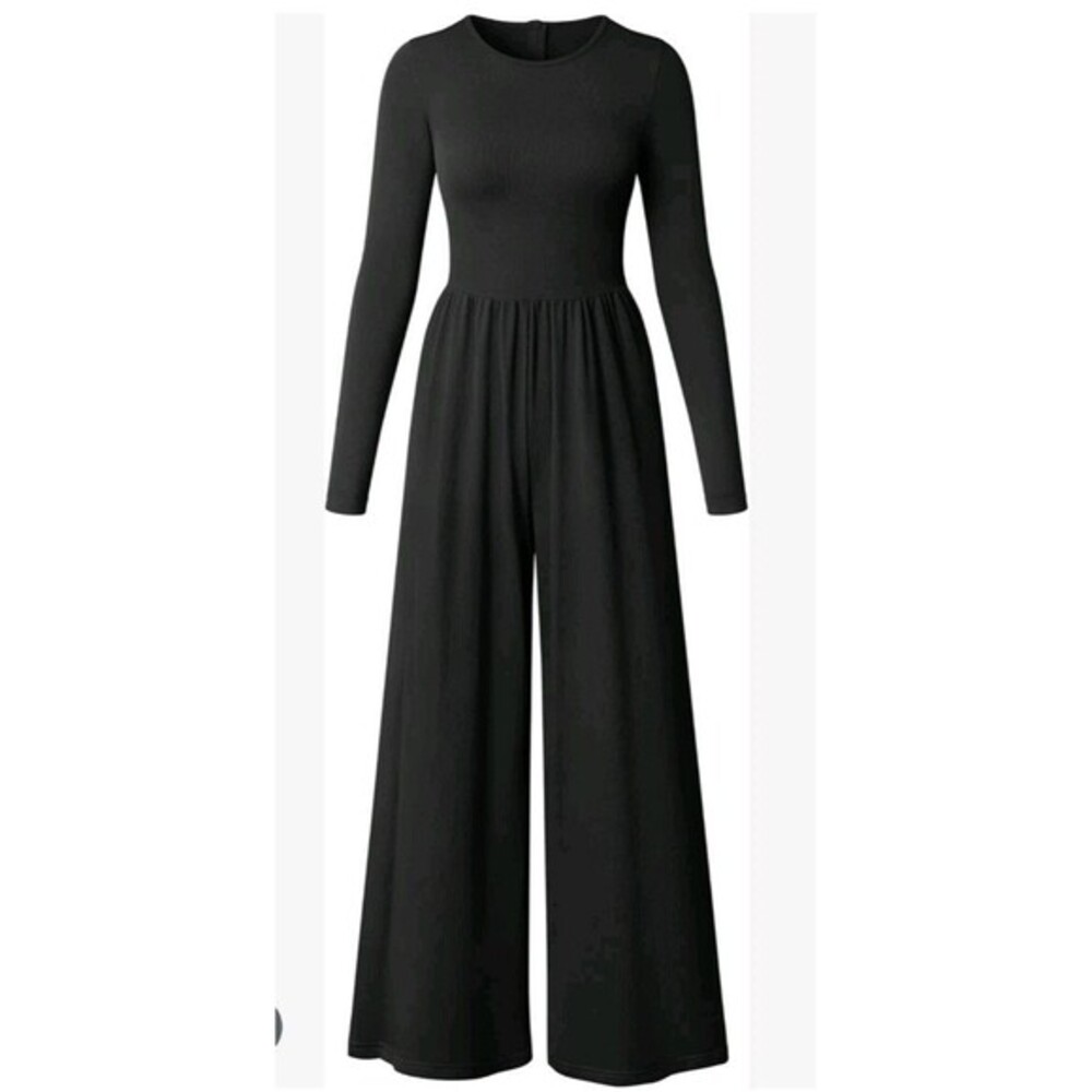 OQQ Black Ribbed Jumpsuit Women's L Wide Leg LS Round Neck Lounge Stretchy‎ NEW